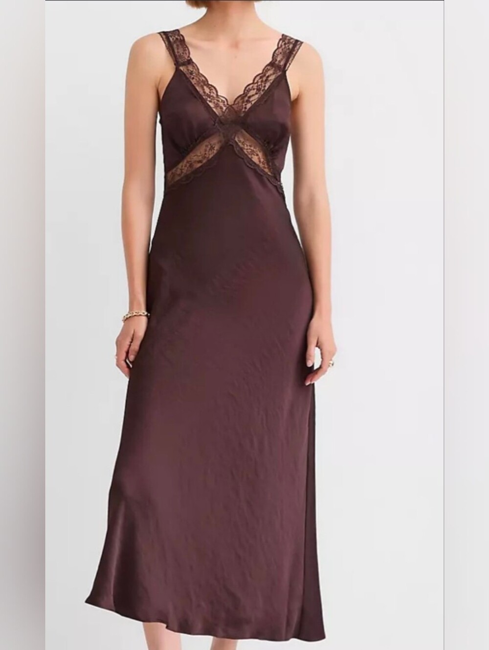 Lace-Trim Satin Slip Dress in Chocolate Brown